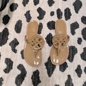 Tory Burch patent miller slides tan
